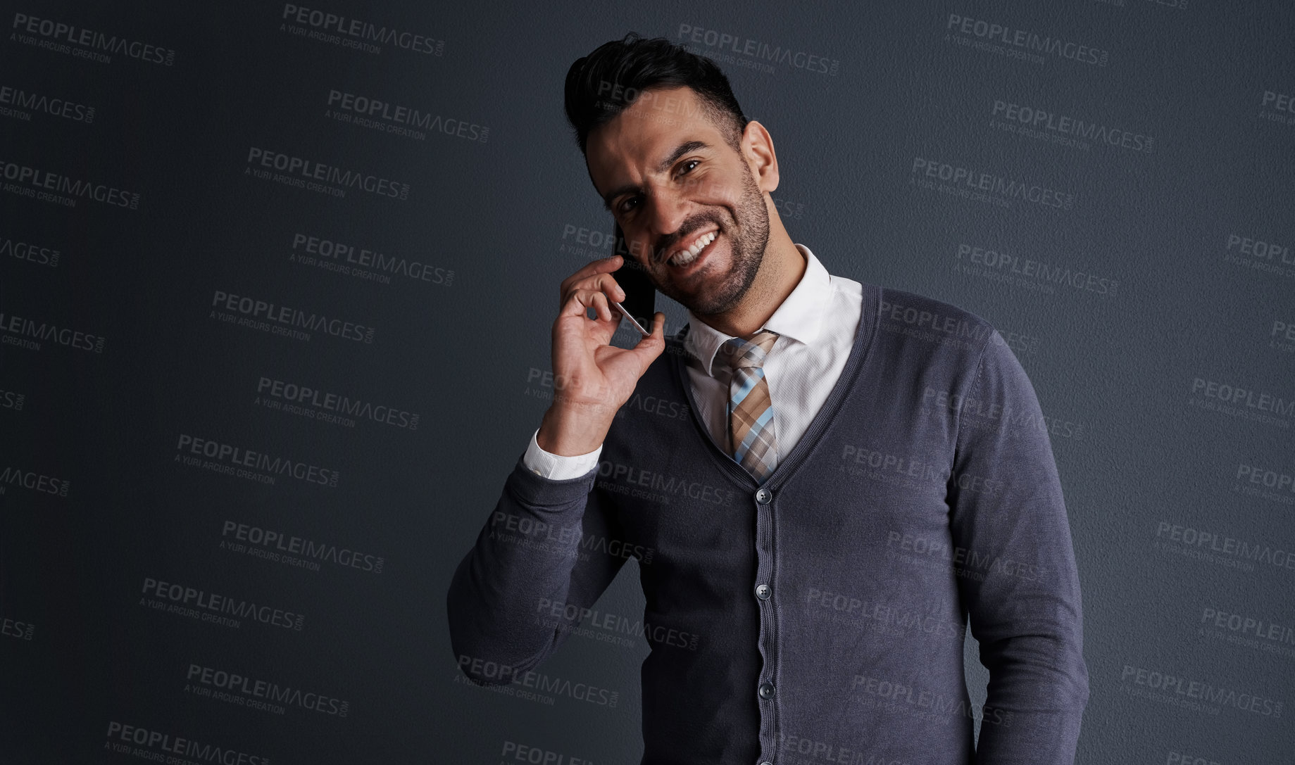 Buy stock photo Phone call, portrait and business man in studio for finance budget, feedback or networking. Mobile, wealth manager and person talk to contact for investment, smile and space on gray background