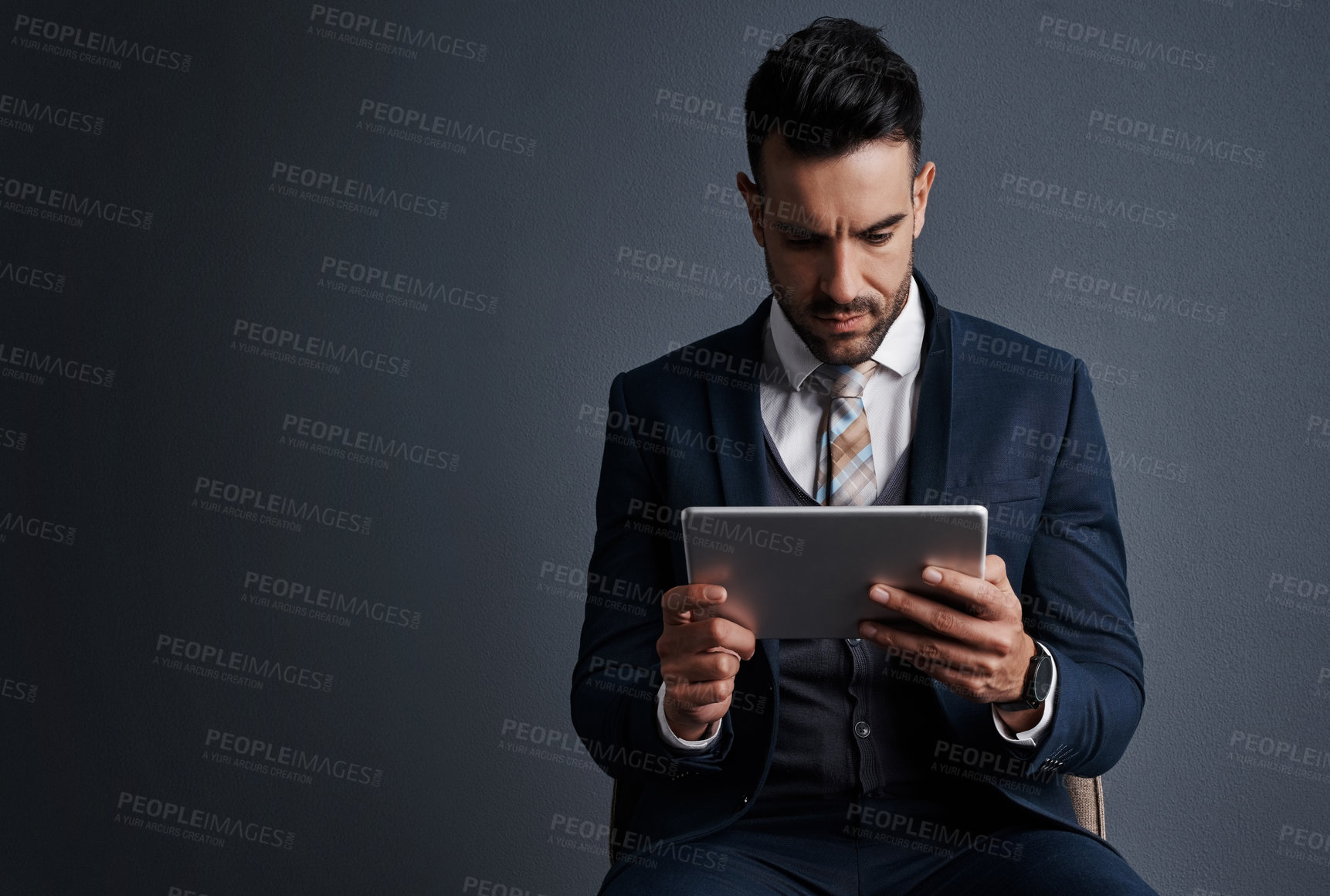 Buy stock photo Studio, employee and man with tablet, reading and risk management for investment opportunity on web. Gray background, wealth manager and person with tech for financial growth, online and mockup space