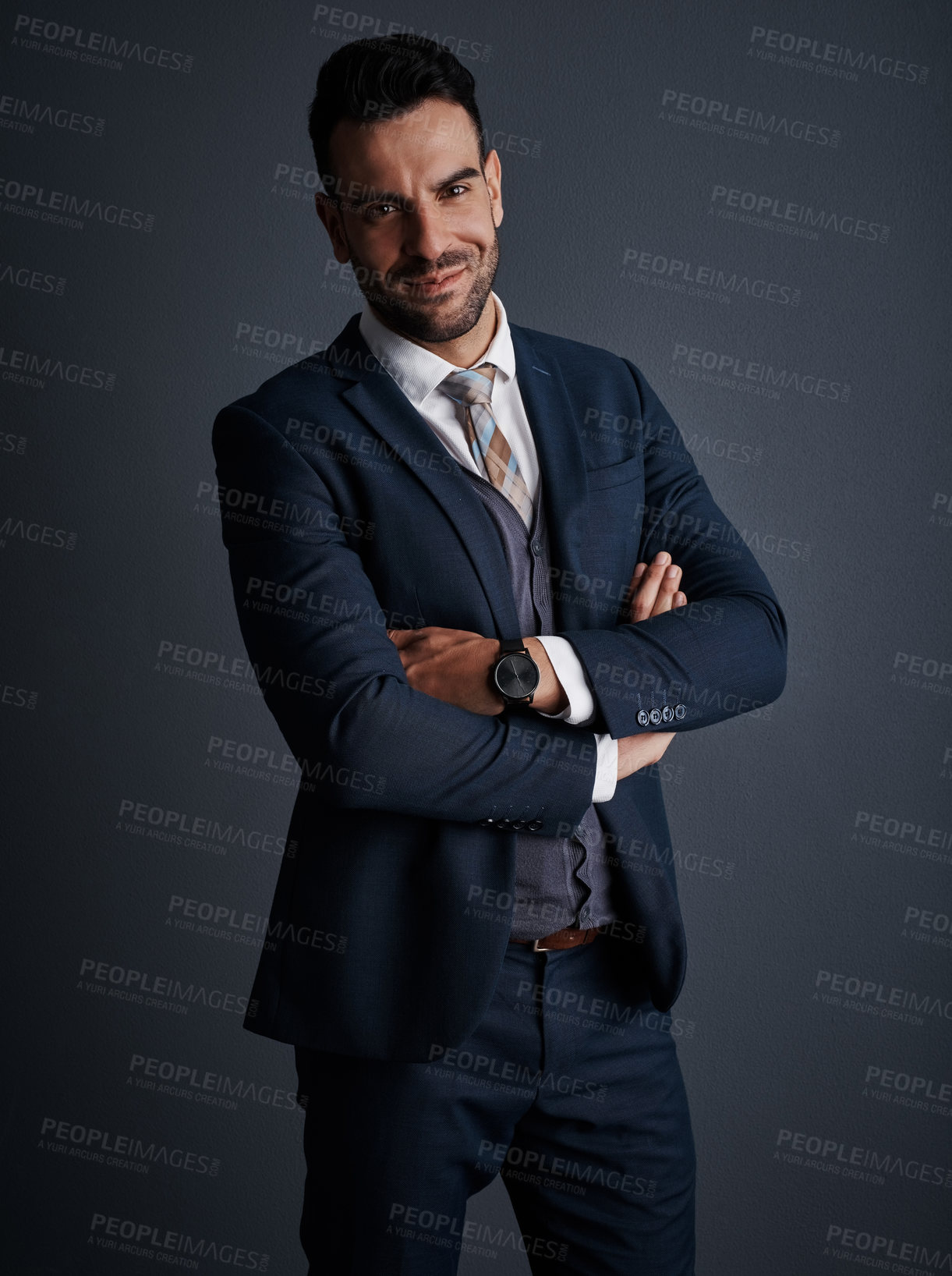 Buy stock photo Smile, business and man with arms crossed in studio for career pride, about us and accountant. Confident, male person and corporate ambition with portrait, financial consultant and gray background