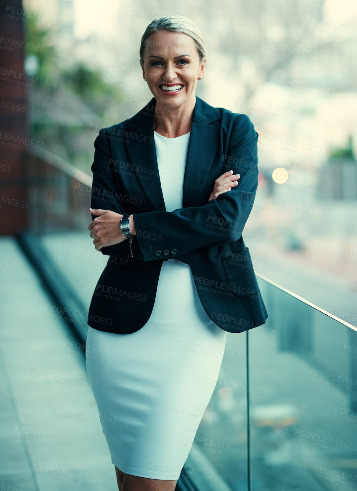 Buy stock photo Business woman, portrait and arms crossed for real estate agency, realtor and about us on balcony. Mature entrepreneur, property management and smile in office for development, consultant or broker