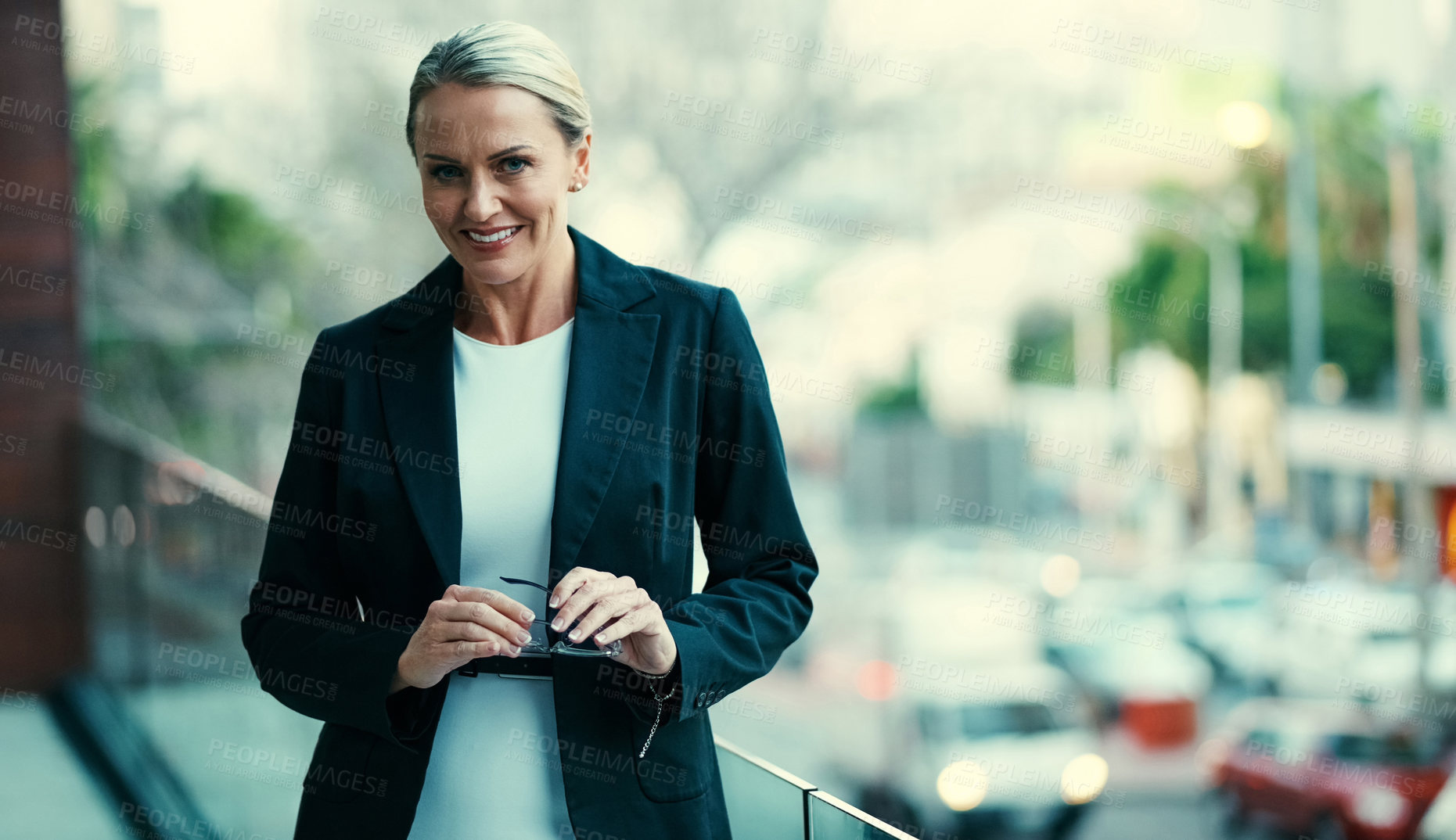 Buy stock photo Portrait, glasses and woman in city, lawyer and professional with journey, confidence and smile. Space, legal aid and mature attorney with pride, balcony and eyewear for clear vision and advocate