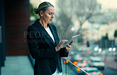 Buy stock photo Business woman, thinking and tablet on balcony for research, real estate agency and report. Mature realtor, property management and tech in office for development, market trends or administration