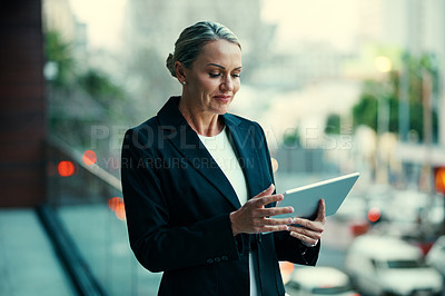 Buy stock photo Review, tablet and business woman on balcony, planning and listing research for property description. Tenant screening, outdoor or mature real estate agent with landlord communication, tech and email