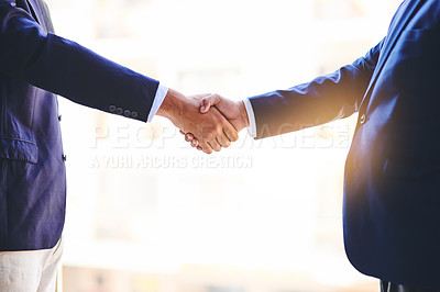 Buy stock photo People, introduction and handshake in office for welcome, hiring and recruitment opportunity. Team, hands and touching in workplace for business deal with achievement, job promotion and partnership