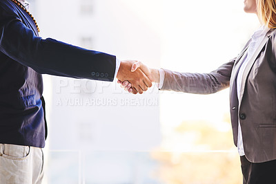 Buy stock photo Business people, handshake and meeting with partnership for b2b, agreement or deal together at office. Closeup of businessman, woman or colleagues shaking hands for teamwork or thank you at workplace