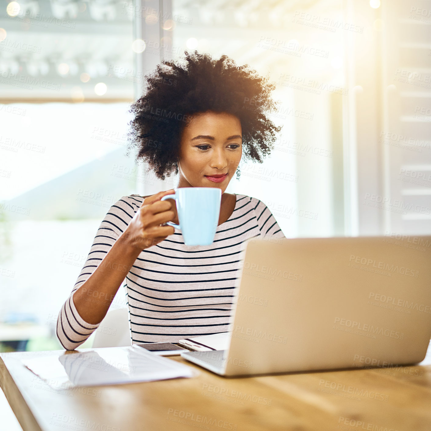 Buy stock photo Morning, coffee and woman on laptop for remote work with online project, research and website. Freelancer, business and person working from home on computer for internet, planning proposal and report