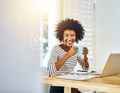 Buy stock photo Happy, woman and portrait with coffee, laptop and notebook in apartment for planning and email. Smile, face and online course for learning, reading and social media with person and work from home 