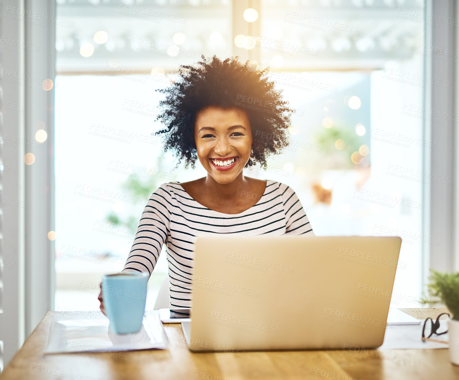 Buy stock photo Happy, african woman and portrait with coffee, laptop and notebook in apartment for planning and email. Smile, face and online course for learning, reading and social media for and work from home 