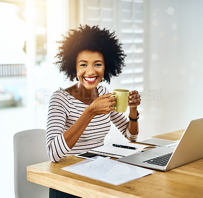 Buy stock photo Portrait, laptop and black woman for remote work, documents and copywriting on desk, coffee and paperwork. Morning, employee and person with computer, typing and research for website of blog in home