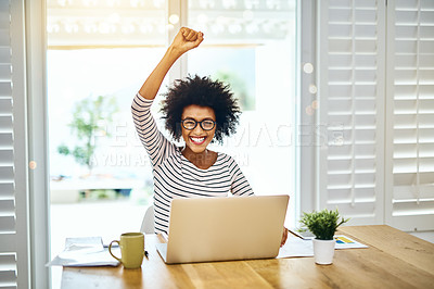 Buy stock photo Portrait, win and black woman on laptop in home office for lottery success, celebration and remote work achievement goal. Face, smile and fist pump for bonus promotion, good news or freelancer prize