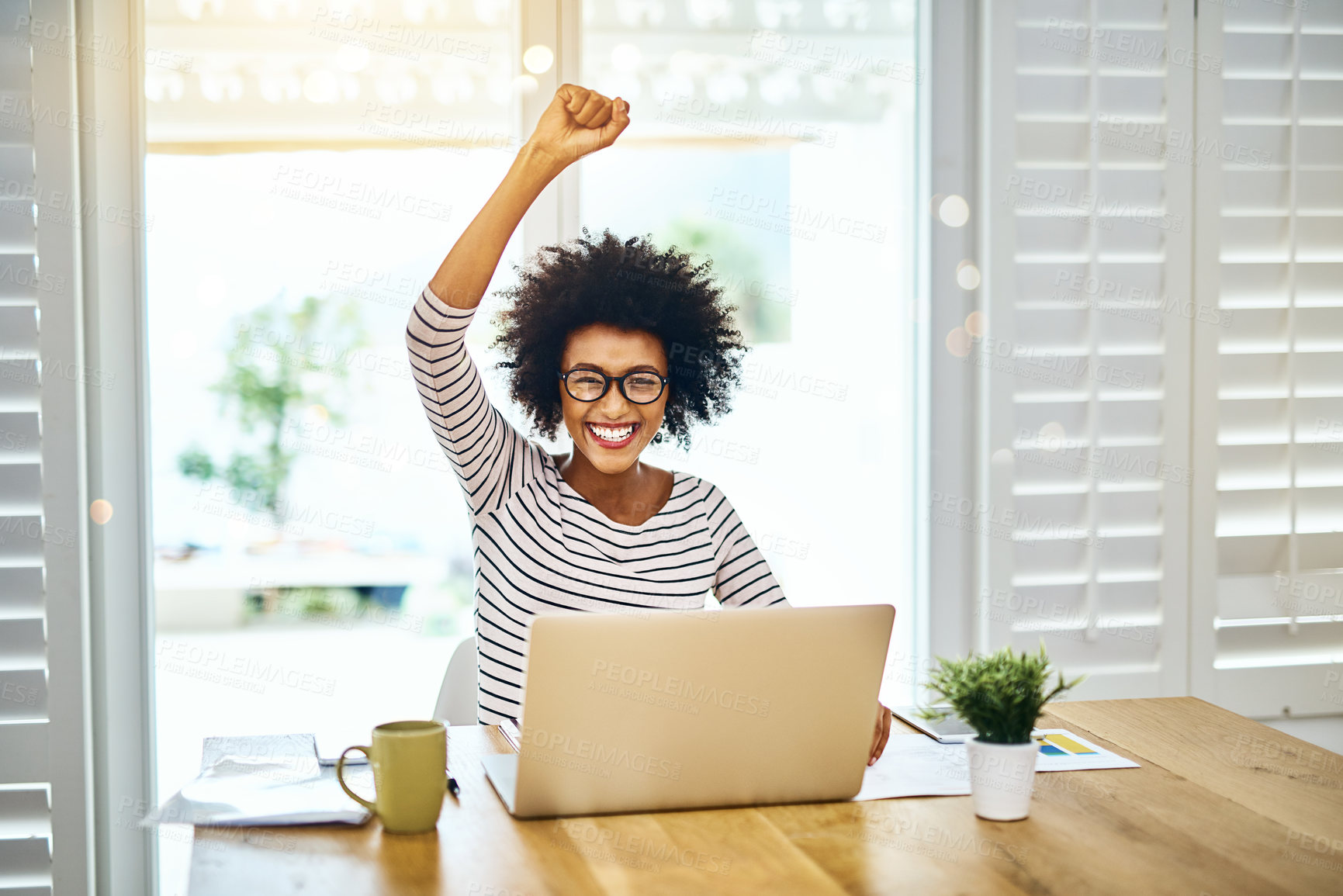 Buy stock photo Portrait, win and black woman on laptop in home office for lottery success, celebration and remote work achievement goal. Face, smile and fist pump for bonus promotion, good news or freelancer prize