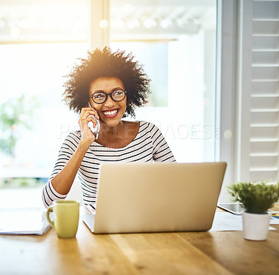 Buy stock photo Phone call, laptop and black woman talking to contact and networking for startup business or company in a home office. Cellphone, freelance and entrepreneur or employee planning for remote work