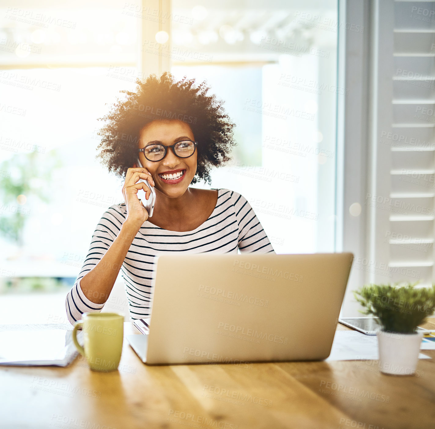 Buy stock photo Phone call, laptop and black woman talking to contact and networking for startup business or company in a home office. Cellphone, freelance and entrepreneur or employee planning for remote work