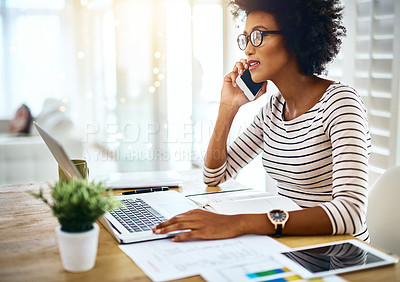 Buy stock photo Phone call, laptop and black woman financial advisor talking to business contact for startup strategy in a conversation. Cellphone, job and entrepreneur or employee planning graph results in office