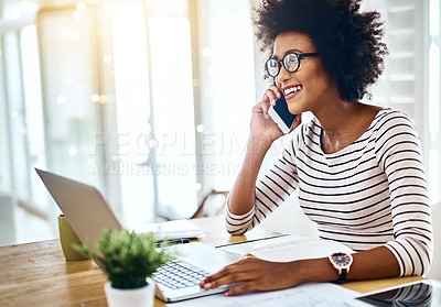 Buy stock photo Phone call, laptop and African employee woman talking, communication and conversation in startup office. Cellphone, happy and professional entrepreneur or worker planning with contact and working