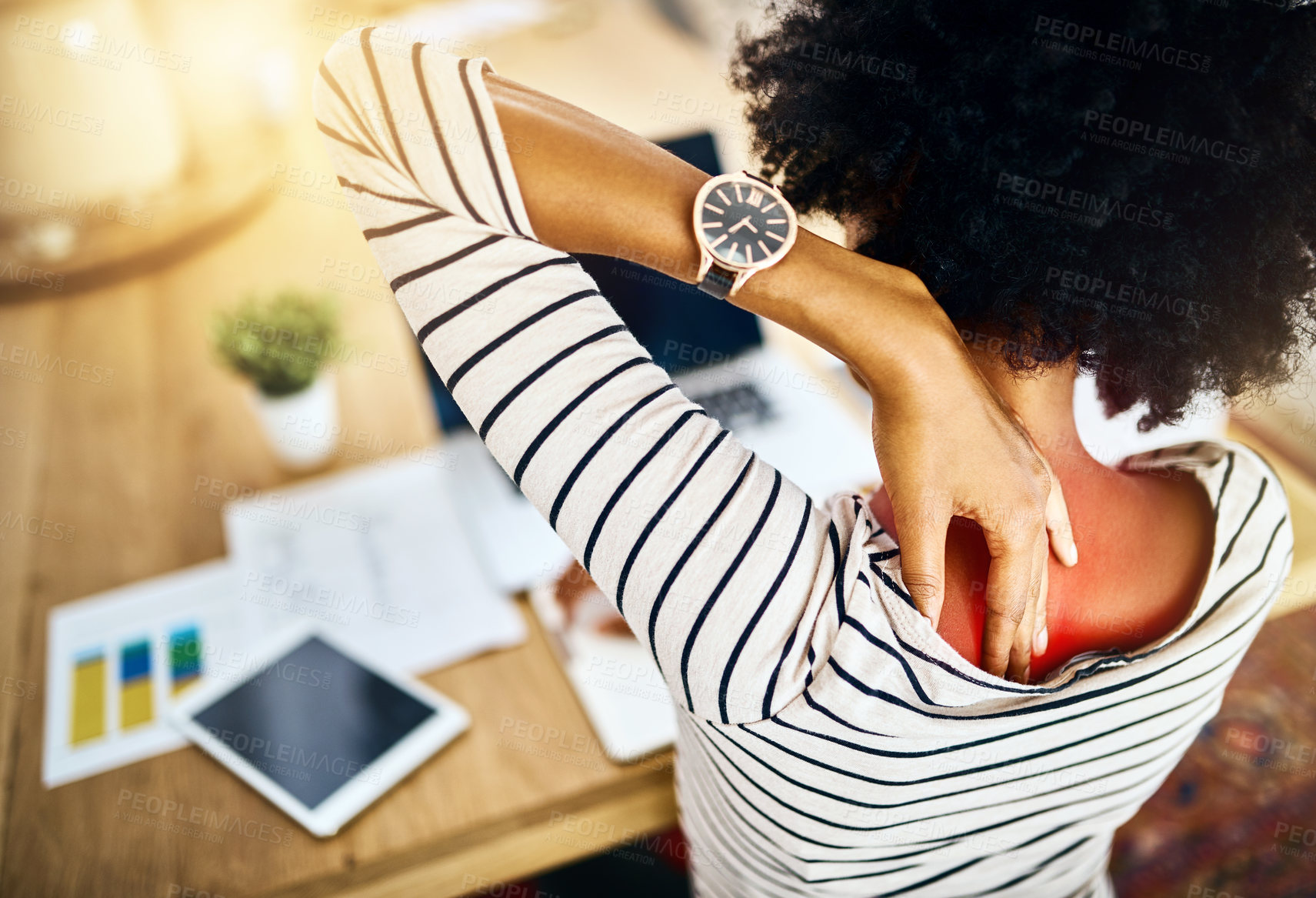 Buy stock photo Back pain, black woman and muscle from work at house by  overtime stress, burnout and tension from bad posture. African, employee and red glow for medical joint injury, tired and pressure of deadline