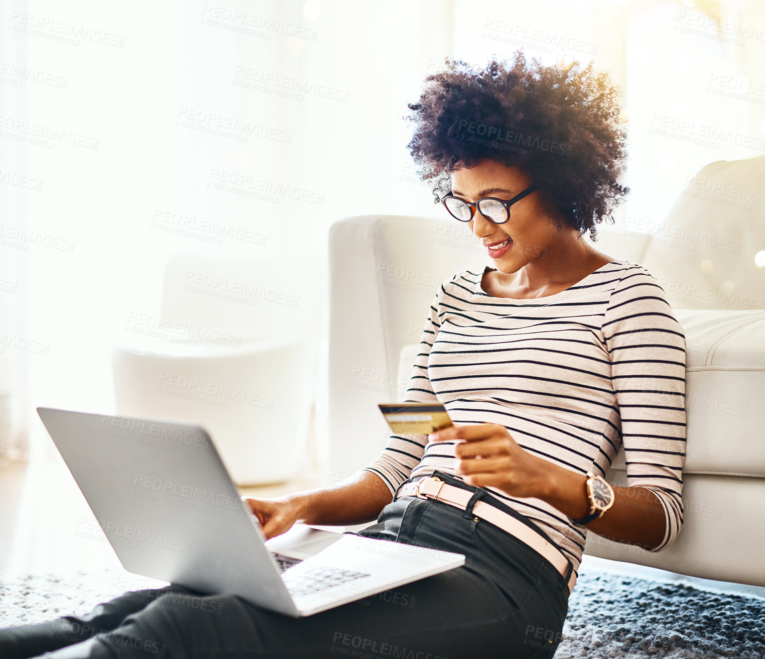 Buy stock photo Laptop, black woman and credit card for online shopping in home, payment and digital banking for budget. Computer, debit and girl in living room for ecommerce, finance or money for sales on website