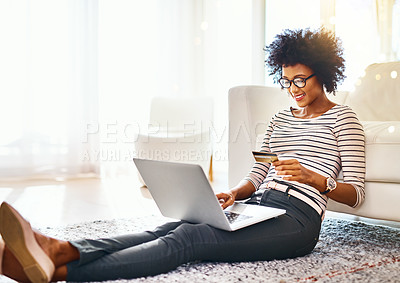 Buy stock photo Woman, laptop and credit card on living room house doing online shopping sitting on ground. Home, bokeh mockup and computer of African female person buying on a ecommerce app reading online deal