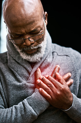 Buy stock photo Chest pain, heart attack and elderly black man with medical emergency in home. Sick, cardiology and African male person with cardiac arrest, heartburn or stroke, problem and retirement health risk.