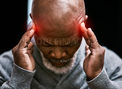 Buy stock photo Senior black man, hands and headache with red overlay, pain and stress with burnout, closeup and anxiety. Mature male person is sick with migraine, depression and health problem with crisis and hurt
