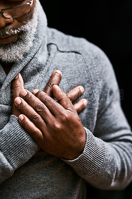 Buy stock photo Hands on chest, heart attack and senior black man with medical emergency in studio isolated on a background. Pain, cardiology and African male person with cardiac arrest, heartburn or stroke problem.