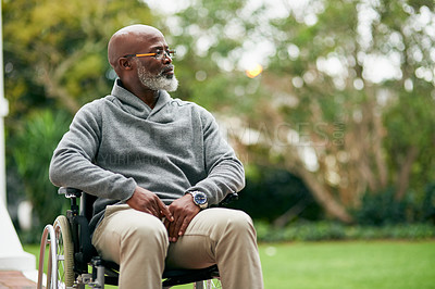 Buy stock photo Cropped shot of a handsome senior man sitting in his wheelchair outside