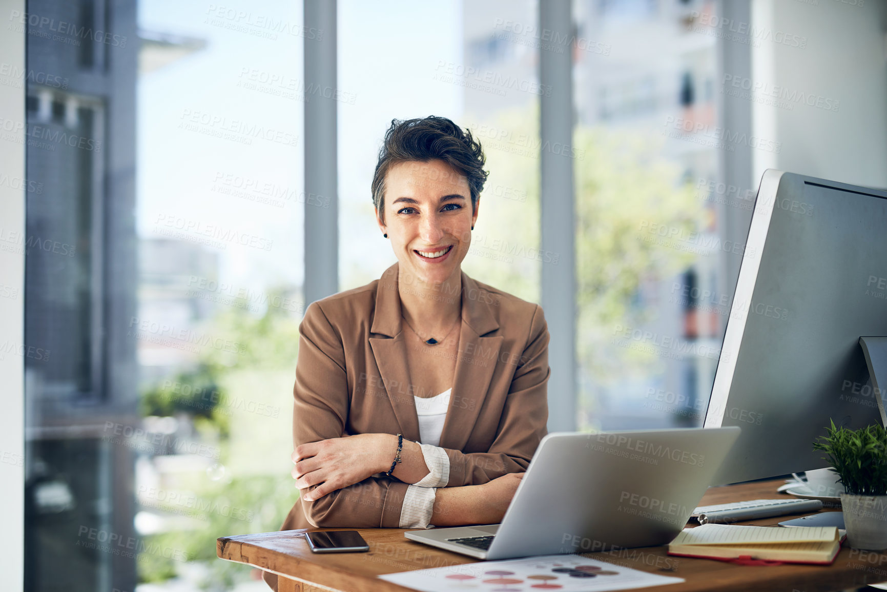 Buy stock photo Smile, technology and portrait of woman in office for business plan, research and communication. Happy, developer and person with multimedia at desk for programming, connectivity and digital network