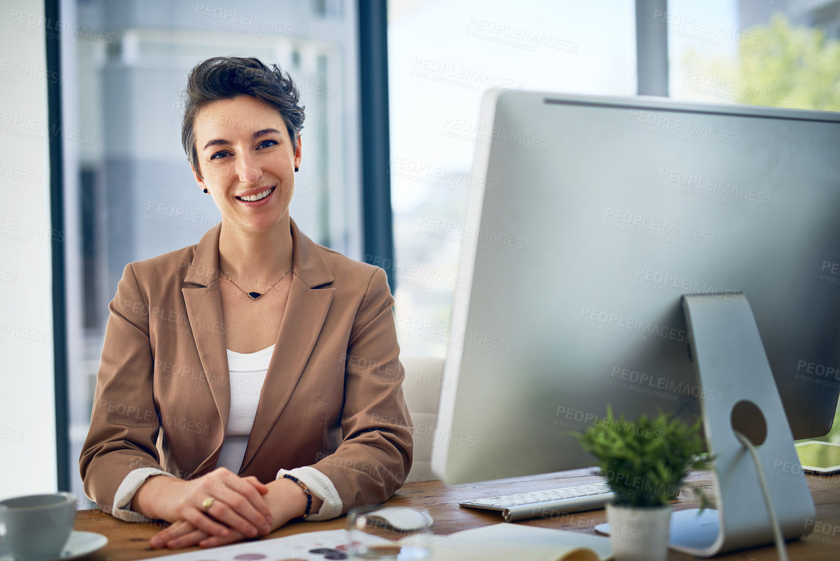 Buy stock photo Computer, happy and portrait of woman in office for business research, investment or communication. Financial advisor, smile and person with monitor at desk for budget report, review or feedback