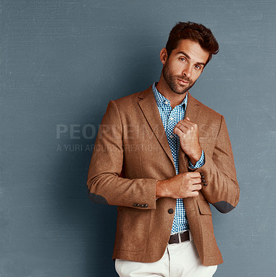 Buy stock photo Business, fashion and portrait of man with mockup, retro creative and professional in studio. Confidence, trendy style and businessman on grey background with pride, opportunity and designer clothes
