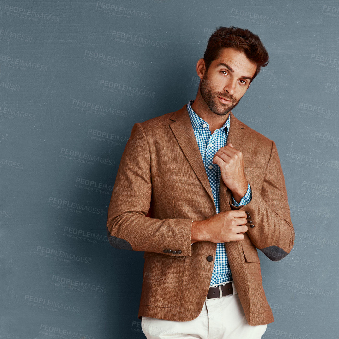 Buy stock photo Business, fashion and portrait of man with mockup, retro creative and professional in studio. Confidence, trendy style and businessman on grey background with pride, opportunity and designer clothes