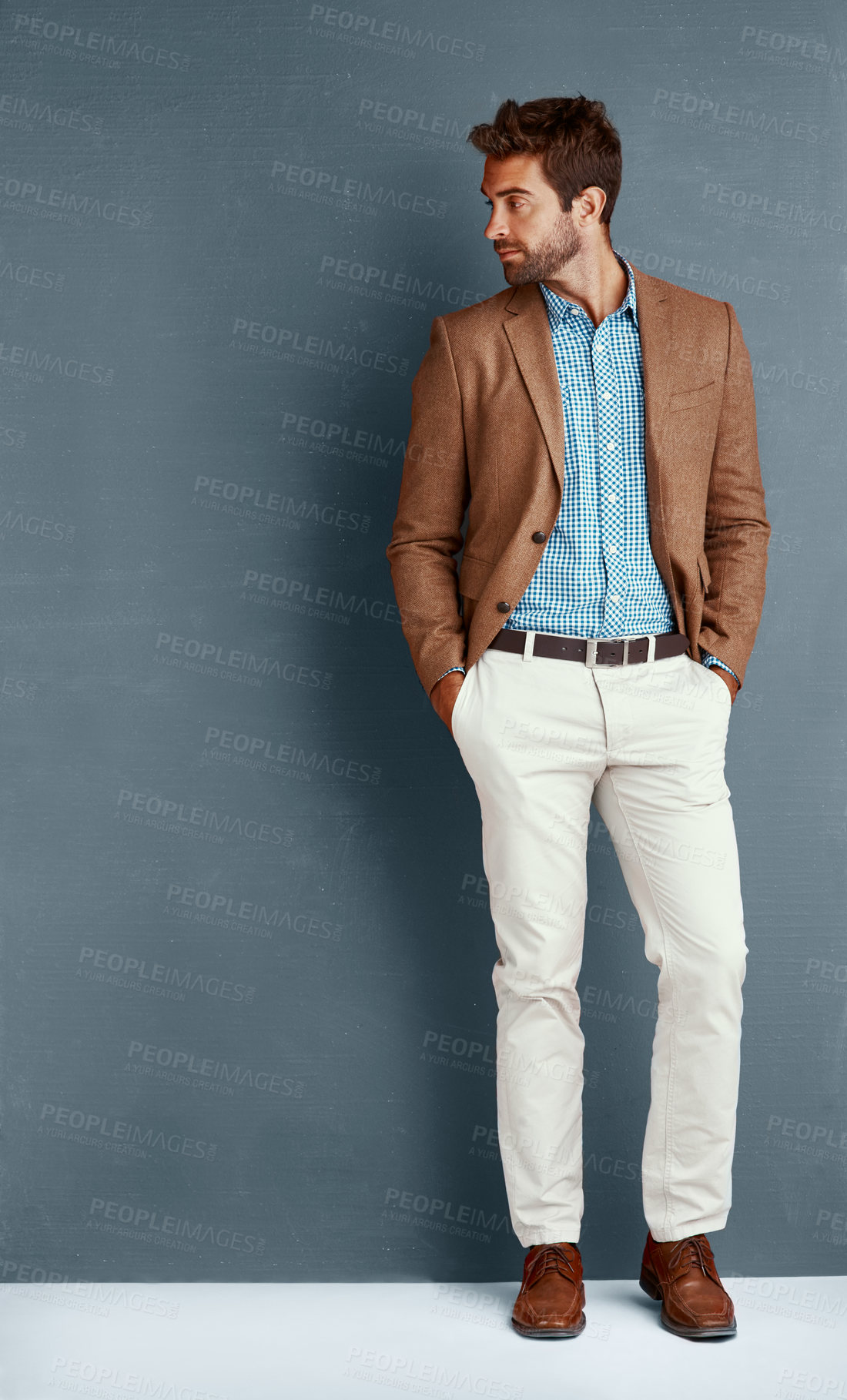 Buy stock photo Relax, style and man with confidence, thinking and creative professional in studio mockup. Business, trendy fashion and businessman on grey background with space, opportunity and designer clothes