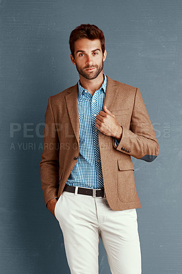 Buy stock photo Business, fashion and portrait of man with pride, creative career and professional in studio. Relax, trendy style and businessman on grey background with confidence, opportunity and designer clothes