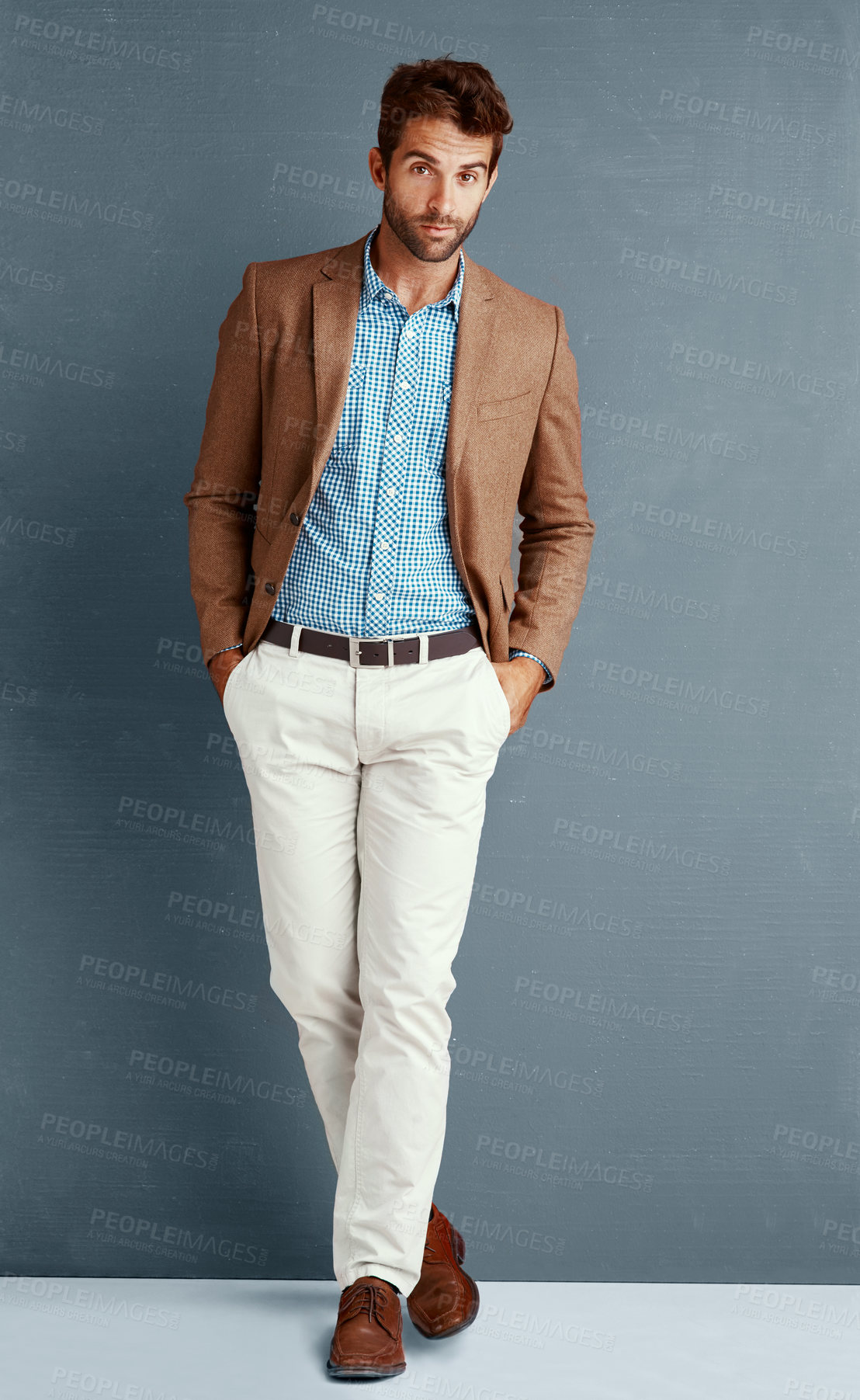 Buy stock photo Business, style and portrait of man with confidence, creative career and professional in studio. Relax, trendy fashion and businessman on grey background with pride, opportunity and designer clothes