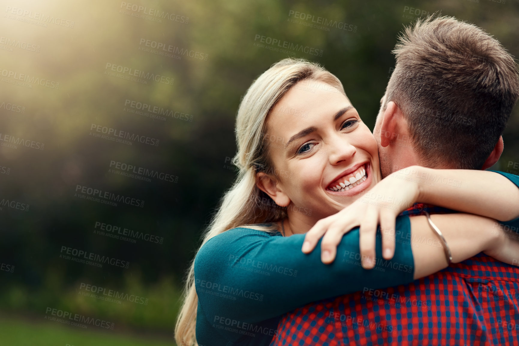 Buy stock photo Smile, portrait and hug outdoor on date, vacation or bonding together on holiday to relax. Happy woman, man and relationship in nature for love, romantic commitment and support of partner in New York