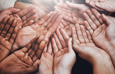 Buy stock photo Open hands, diversity and help together with community, solidarity and support. Trust, faith and charity hands gesture with people and collaboration with crowd show palm and society and commitment