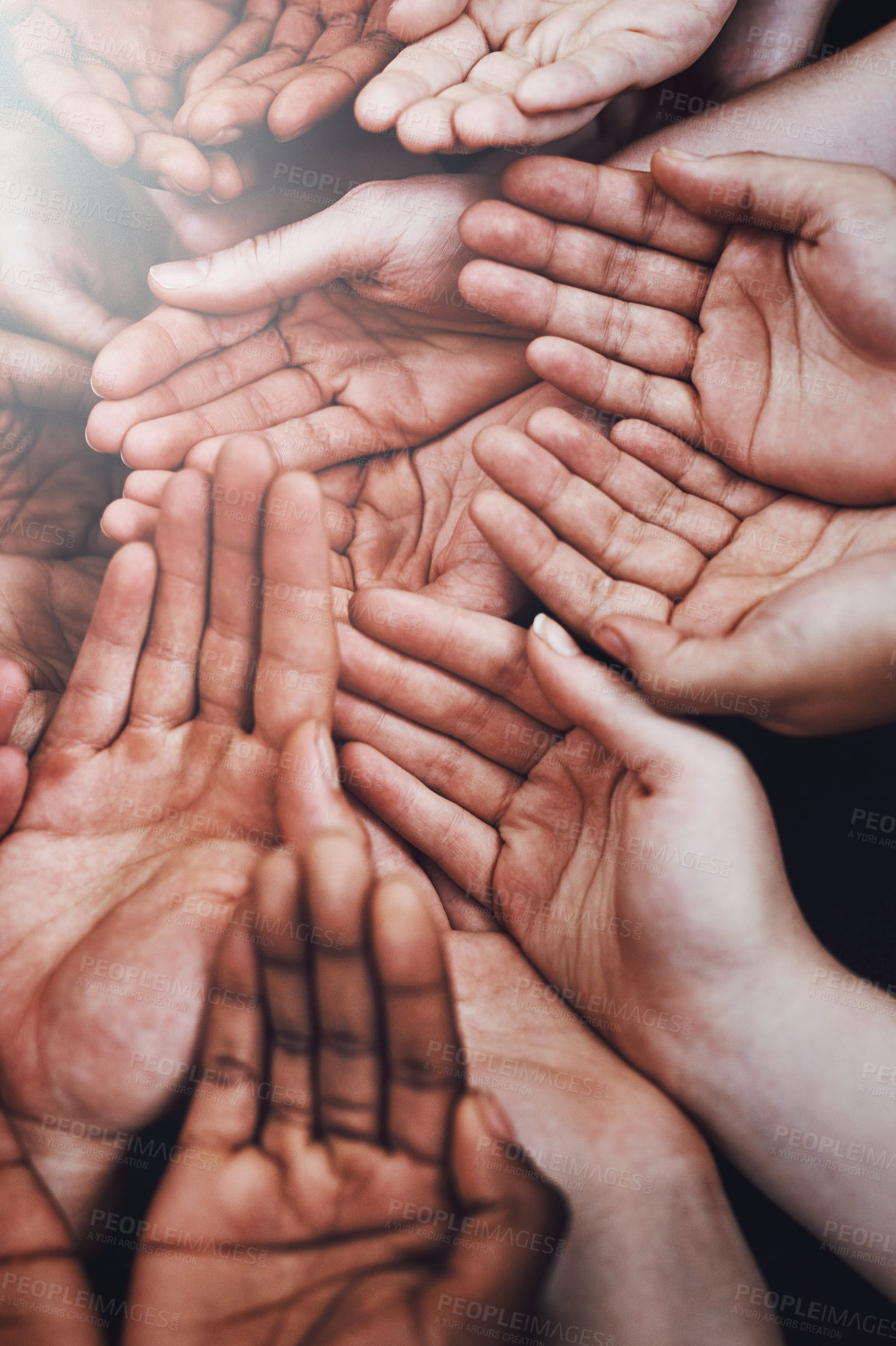 Buy stock photo Open hands, diversity and group together with community, solidarity and support. Hunger, faith and charity hands gesture with people and poverty with crowd show palm and society and charity donation