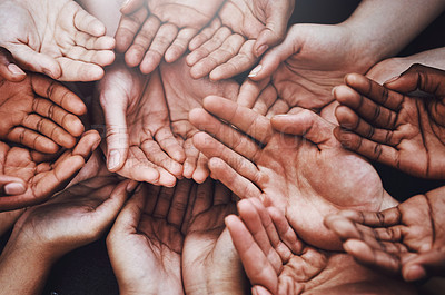 Buy stock photo Open hands, diversity and palm together with community, solidarity and support. Above, faith or charity help gesture with people, collaboration and crowd or society union or global poverty commitment