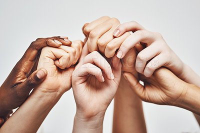 Buy stock photo People, group diversity and holding hands isolated on a white background for solidarity, support and collaboration. Love, power and community of women and men hand or palm together for hope or care