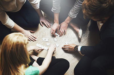 Buy stock photo Puzzle, group and teamwork of people solution, collaboration and workflow, problem solving and thinking. Team building game, project development and women in circle on floor, synergy or brainstorming