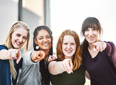 Buy stock photo Happy woman, portrait and pointing to you with team for hiring, choice or selection at office. Female person or group with smile in diversity for decision, pick or recruiting in creative startup