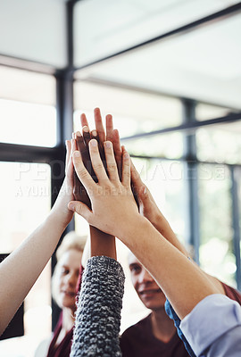 Buy stock photo High five, group and business people in success, support and teamwork for company sales, project goals and winning. Yes, celebration and women and men or team hands together for help or target reach