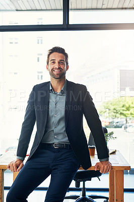 Buy stock photo Portrait, business and man relax on desk in modern office with city view of New York and professional. Male corporate manager or supervisor for company and agency, workplace and career in operations