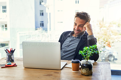 Buy stock photo Laptop, reading and happy businessman in office for feedback, review or project planning report. Computer, research and male manager smile at email communication, results or b2b networking success
