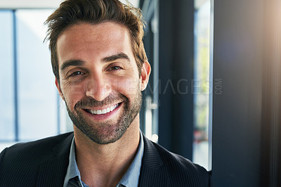 Buy stock photo Business man, portrait and happy lawyer in office, professional and confident for law in company. Male person, employee and smile for consulting, vision and plan for attorney in startup company