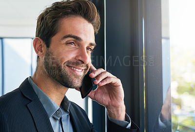 Buy stock photo Happy, businessman and phone call at office window for conversation, communication or proposal. Face of man or employee with smile and talking on mobile smartphone in business discussion at workplace