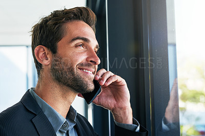 Buy stock photo Happy, businessman and thinking with phone call by window for conversation, communication or proposal at office. Man or employee with smile on mobile smartphone for business discussion at workplace