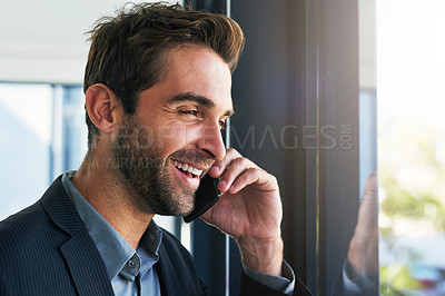 Buy stock photo Happy, businessman and thinking with phone call for conversation, communication or proposal by window at office. Man or employee with smile on mobile smartphone for business discussion at workplace