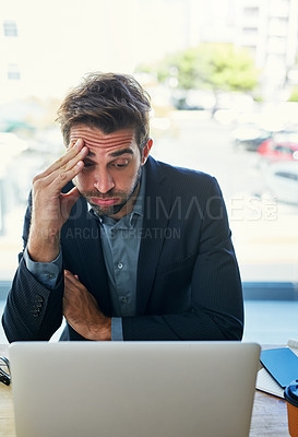 Buy stock photo Frustrated, businessman and laptop with debt, mistake or financial crisis for bad news at cafe. Tired man, employee or broker with stress, anxiety or depression for stock market crash or trading loss