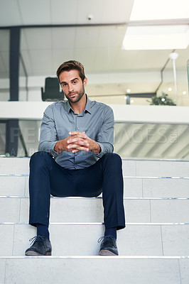 Buy stock photo Business man, portrait and agent on stairs, human resources career and confident for hiring in company. Male person, employee and steps for consulting, vision and plan for growth in startup company