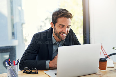 Buy stock photo Business, thinking and man with laptop, smile and email with good news and funding approval for project. Entrepreneur, agency or employee with pc and PR consultant with startup for web design company
